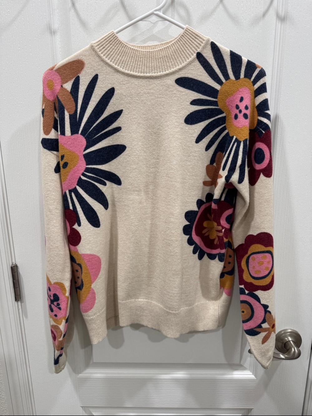 CHARLIE B Cream Sweater with Navy, Pink & Mustard Floral Print